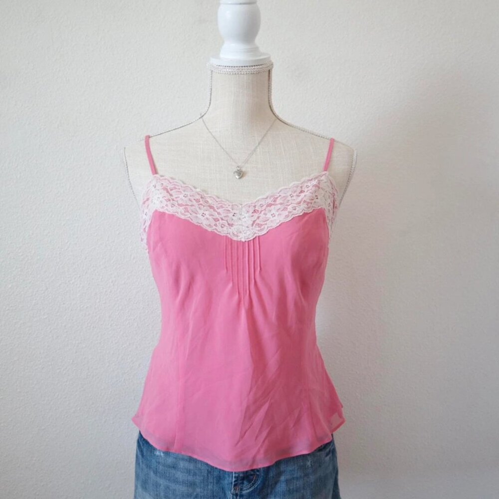 Y2K pink silk cami with lace trim